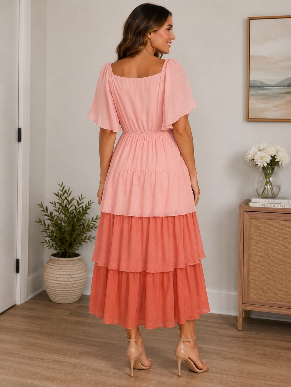 POLAGRAM Short Flutter-sleeve  Blush to Coral Tiered Maxi Dress Size 1XL - Picture 2 of 5